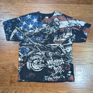 Miami Ink Mens XL 22.5x27.5 T-Shirt Skeleton Reaper Motorcycle American Flag Y2K